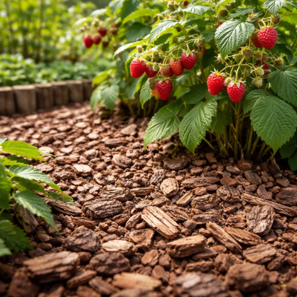 Maliny w ogrodzie i różne materiały do ściółkowania: słoma, trawa, kora, liście i kompost