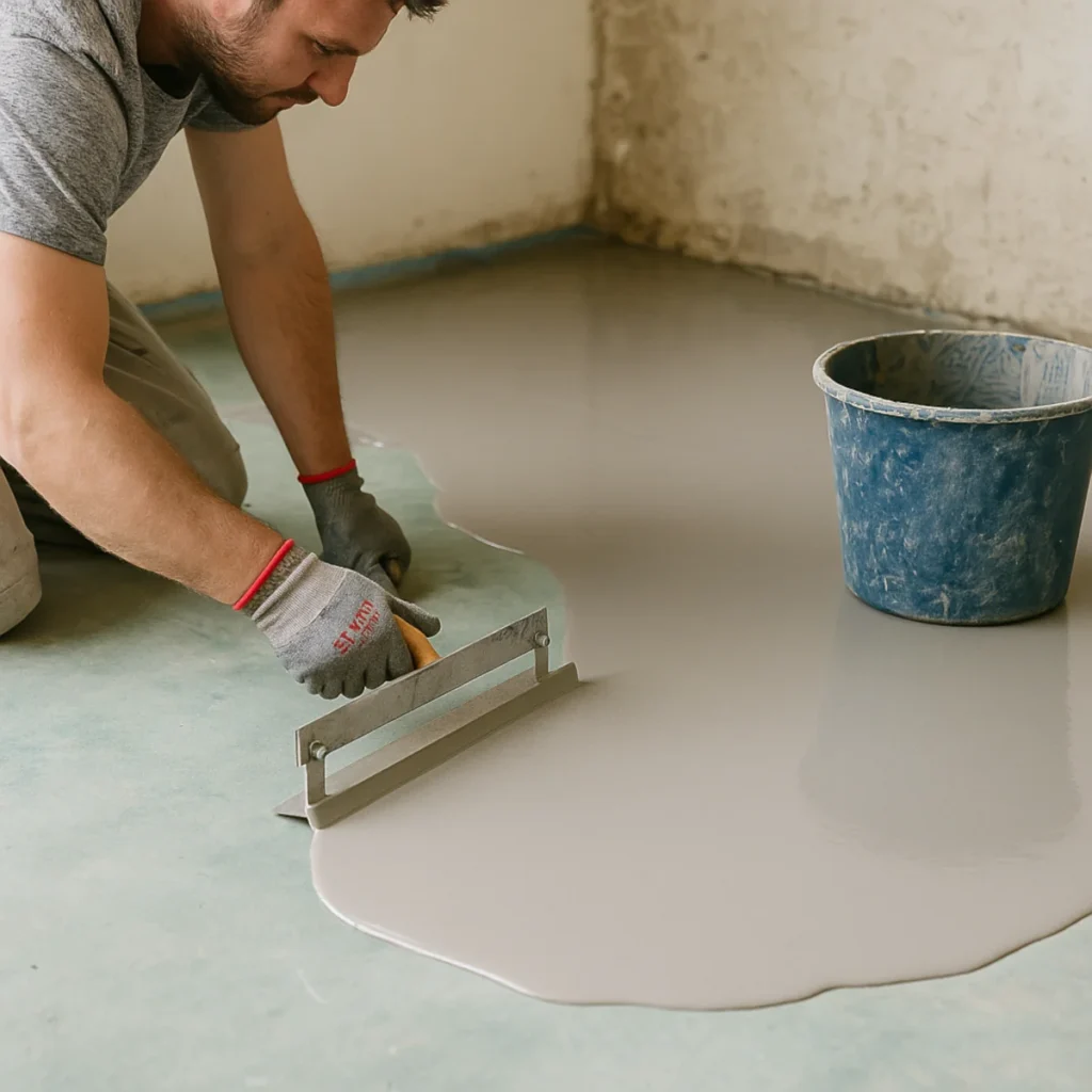 Rozprowadzanie wylewki samopoziomującej raklą na podłodze w remontowanym pomieszczeniu