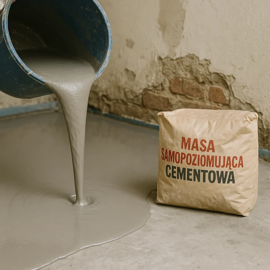 Wylewanie masy samopoziomującej z wiadra na betonową podłogę obok worka z zaprawą