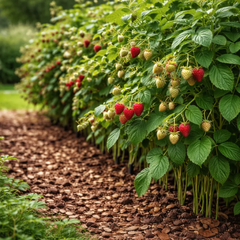 Dojrzewające krzaki malin z zielonymi i czerwieniejącymi owocami na ściółce z kory w ogrodzie