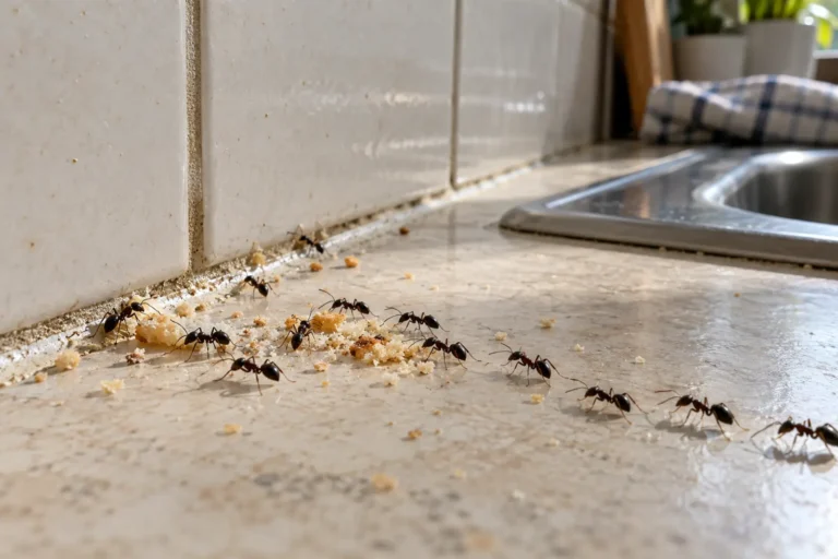 Czarne mrówki przemieszczające się wśród okruchów jedzenia na kuchennym blacie przy ścianie z jasnych płytek.