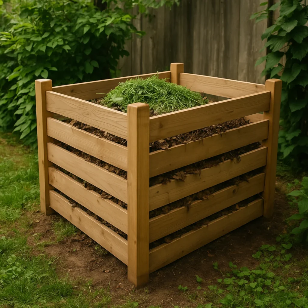 Drewniany kompostownik w ogrodzie ustawiony przy płocie, wypełniony trawą i suchymi liśćmi