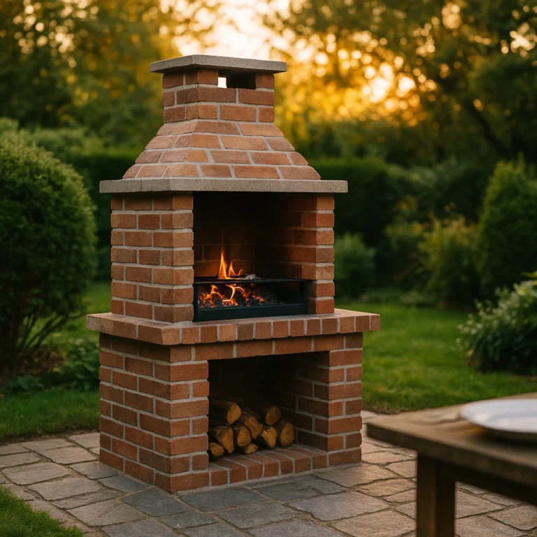 Grill z cegły w ogrodzie na kamiennym tarasie o zachodzie słońca