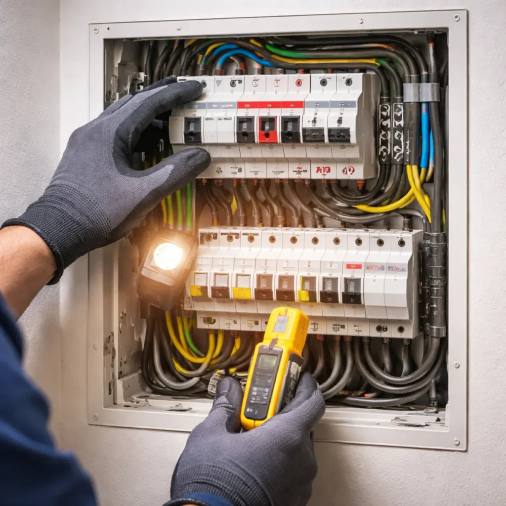 Osoba w rękawicach otwiera domową rozdzielnicę i sprawdza wyłącznik główny latarką oraz testerem napięcia