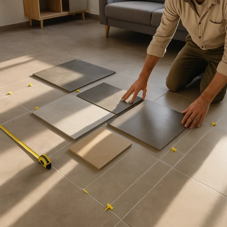 Jak dobrać rozmiar płytek do pomieszczenia – porównanie formatów 60×60, 60×120 i 75×75 na podłodze salonu z miarką i krzyżykami dystansowymi
