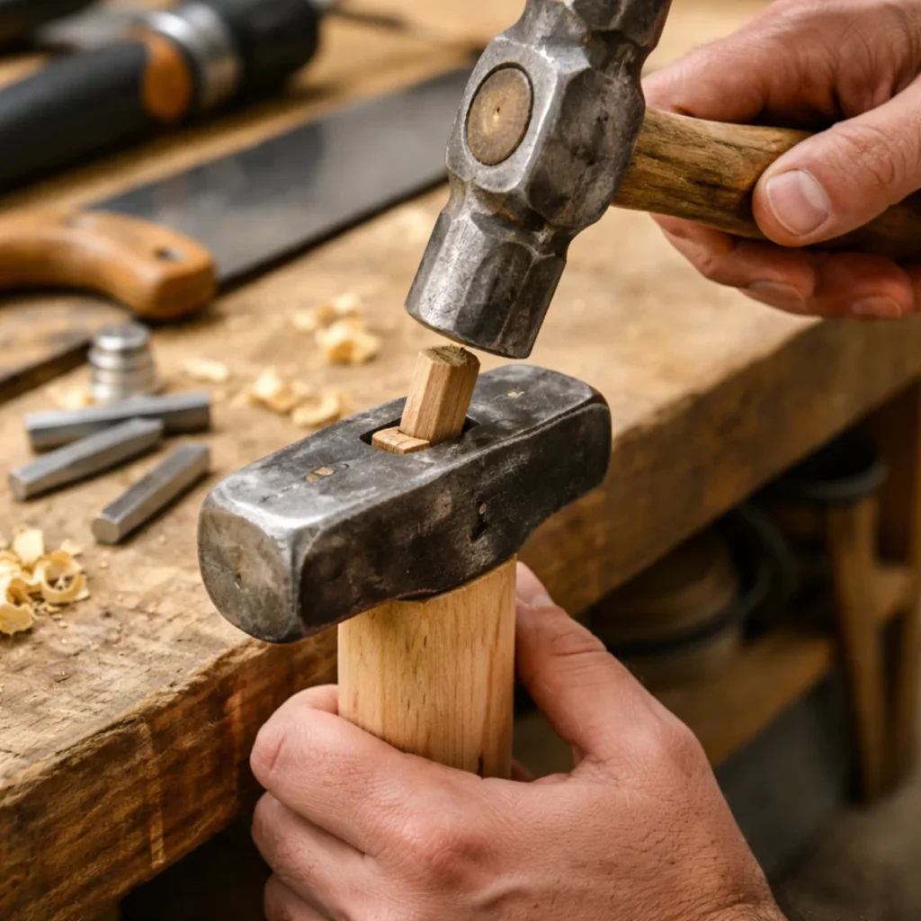 Osadzanie trzonka młotka i wbijanie klina drewnianego w warsztacie