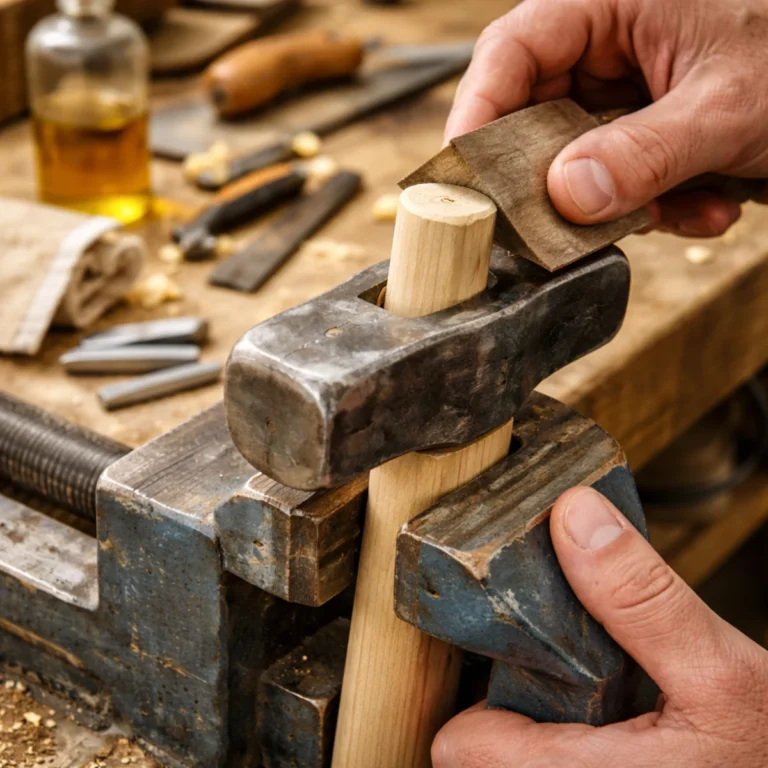 Dopasowanie trzonka do młotka w imadle przed klinowaniem