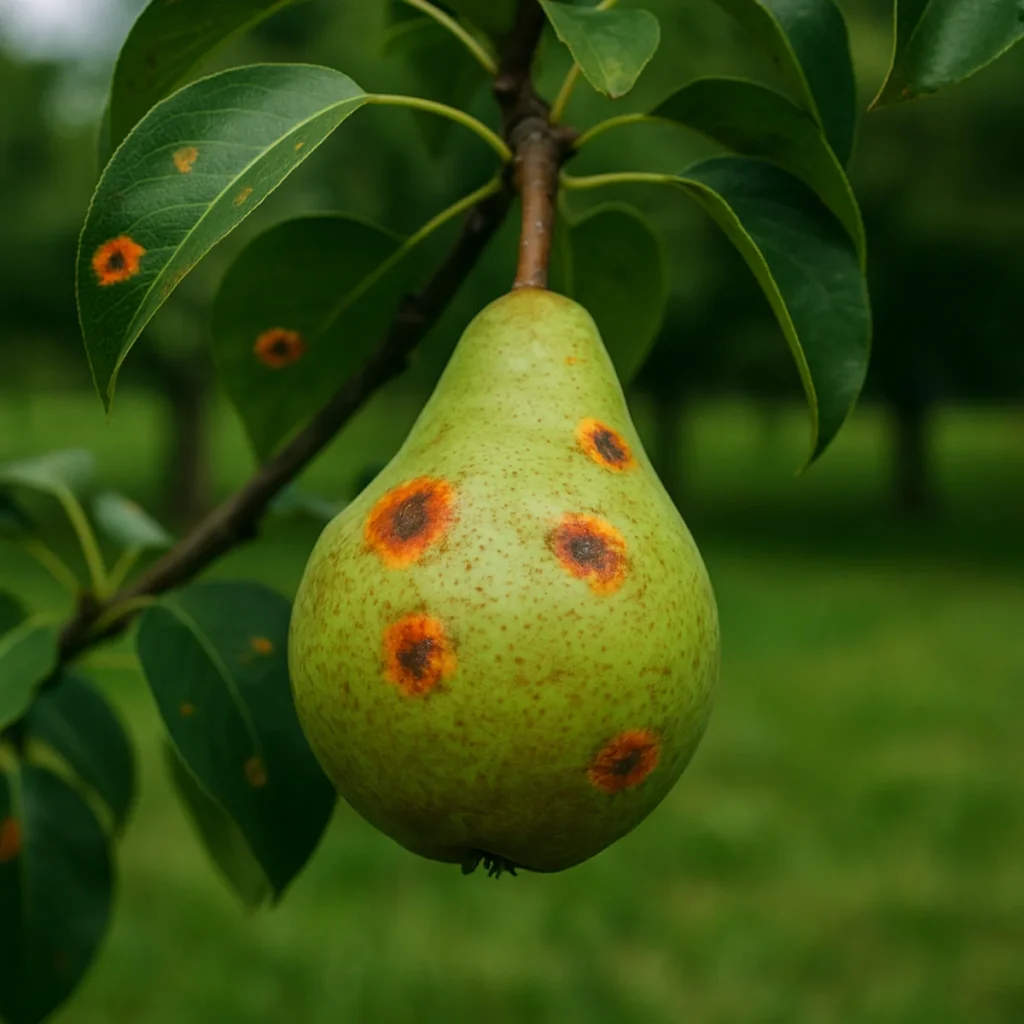 Gałąź gruszy z wieloma liśćmi porażonymi pomarańczową rdzą – objawy choroby, gdy szukasz sposobu Jak pozbyć się rdzy gruszy