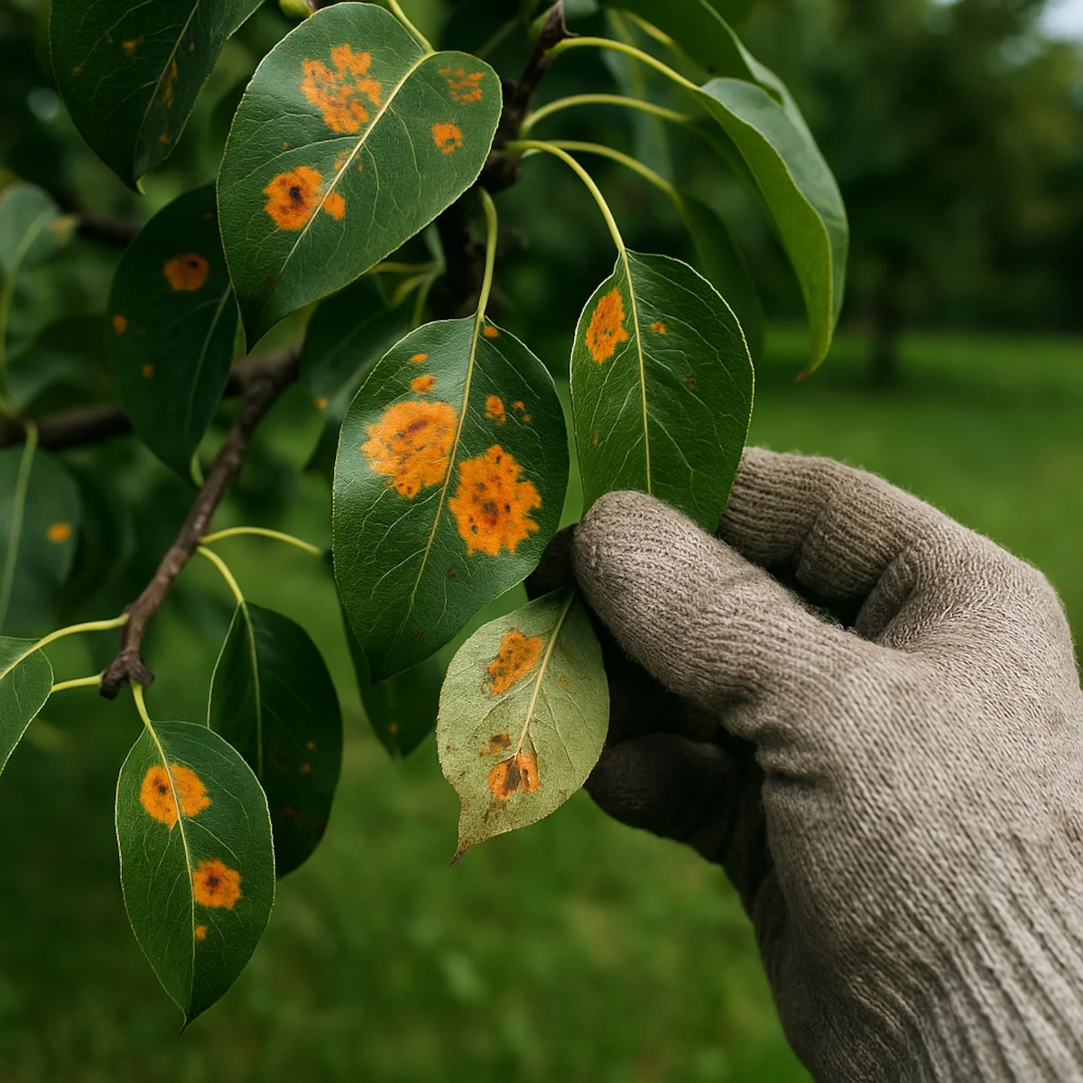 Liście gruszy z pomarańczowymi plamami rdzy i ręką ogrodnika usuwającą porażone fragmenty – Jak pozbyć się rdzy gruszy krok po kroku