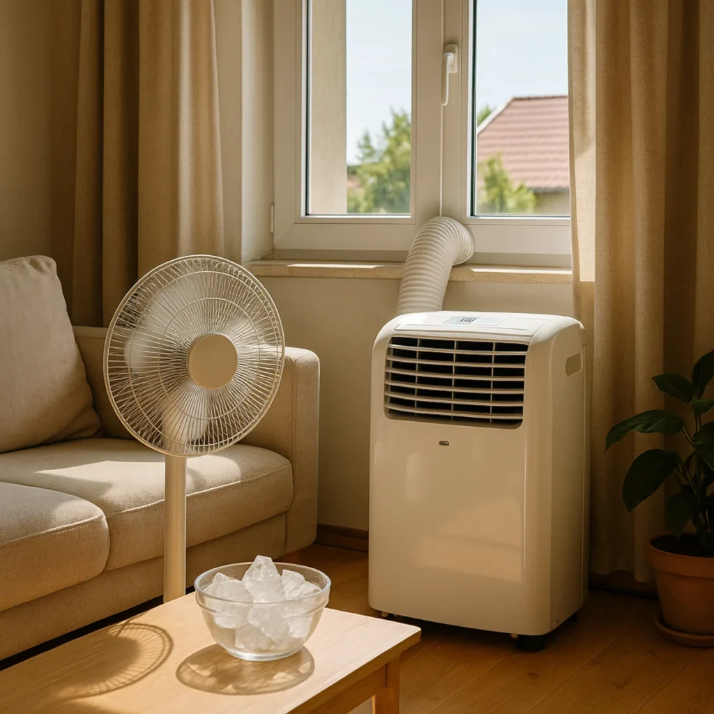 Wentylator i klimatyzator przenośny z miską lodu w salonie podczas upału