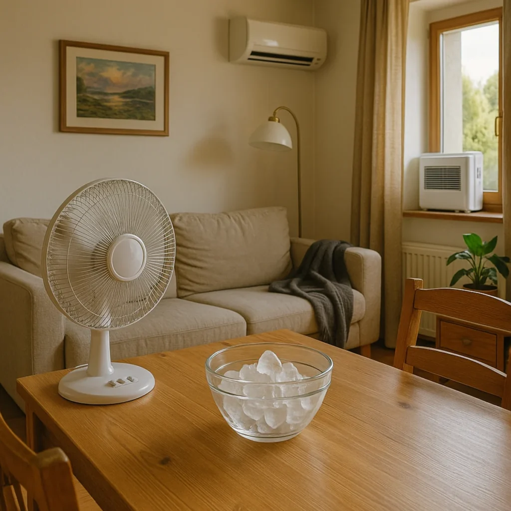 Wentylator z miską lodu na stole w salonie z klimatyzacją ścienną