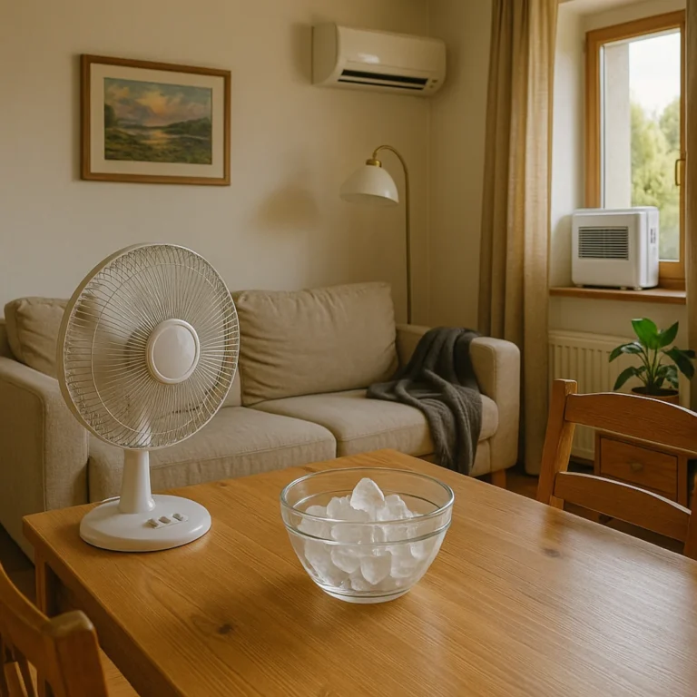 Wentylator z miską lodu na stole w salonie z klimatyzacją ścienną