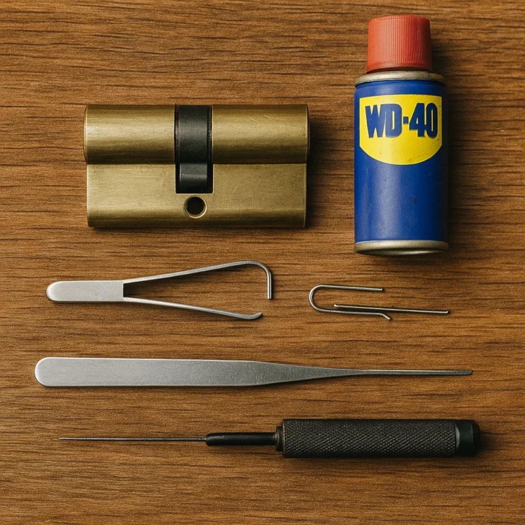 jak wyciągnąć złamany klucz z zamka – narzędzia: pęseta, haczyk ze spinacza, wyciągacz, wkładka i preparat