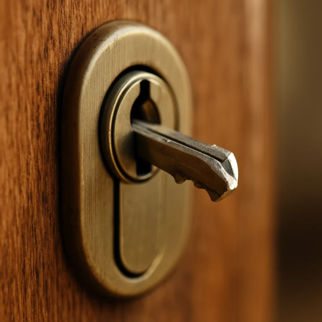 jak wyciągnąć złamany klucz z zamka – zbliżenie na urwany klucz we wkładce drzwi