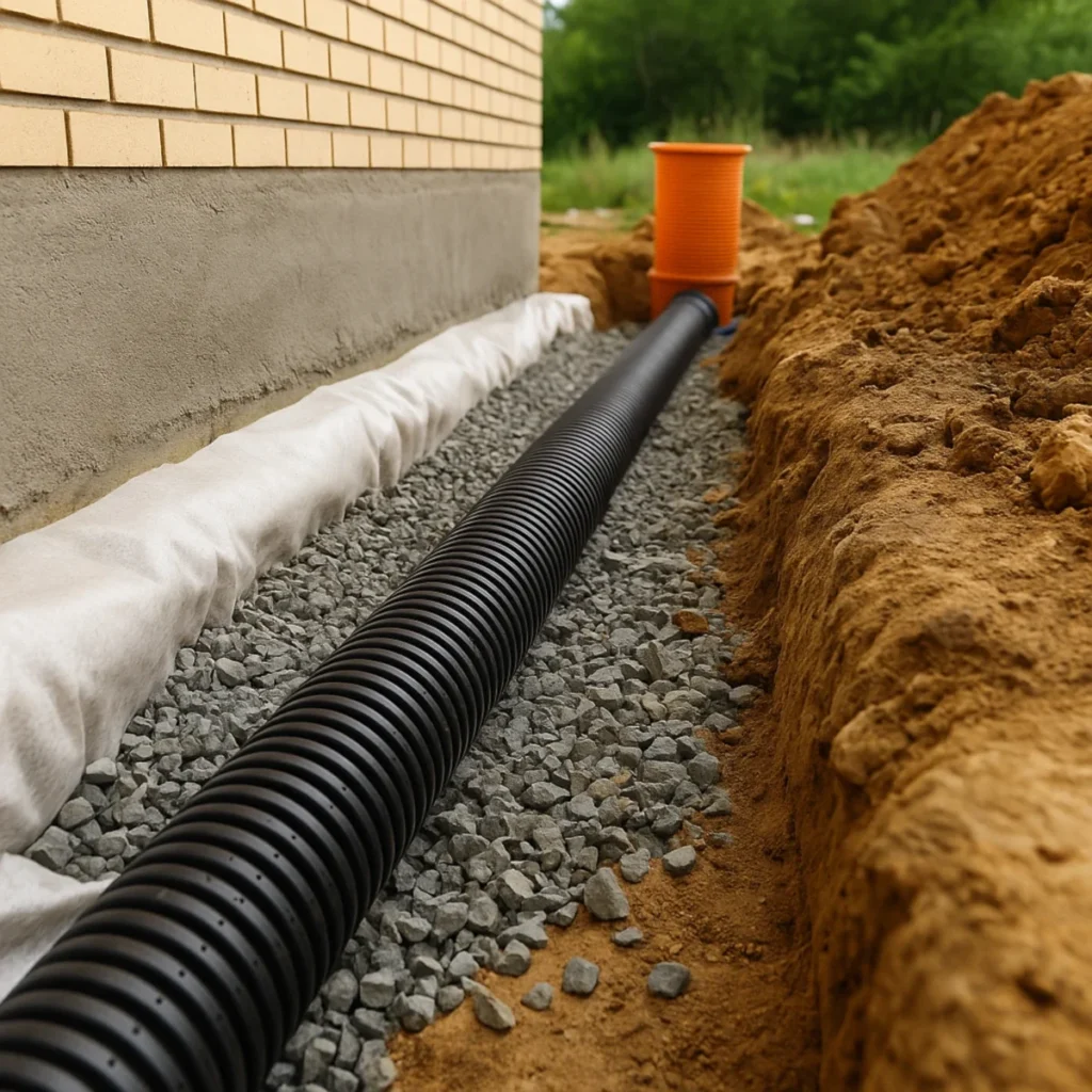 Instalacja drenażu wokół domu z rurą perforowaną i żwirem przy fundamencie
