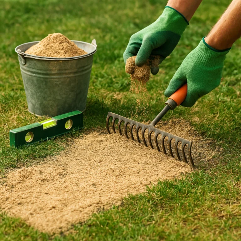 Jak wyrównać trawnik – topdressing 0,5–1 cm wcierany grabiami