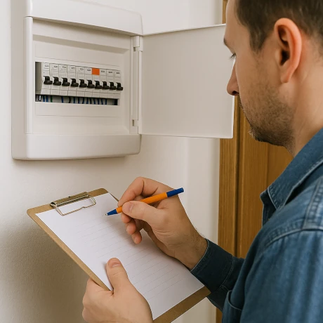 Mężczyzna sprawdzający domową instalację elektryczną przy rozdzielnicy