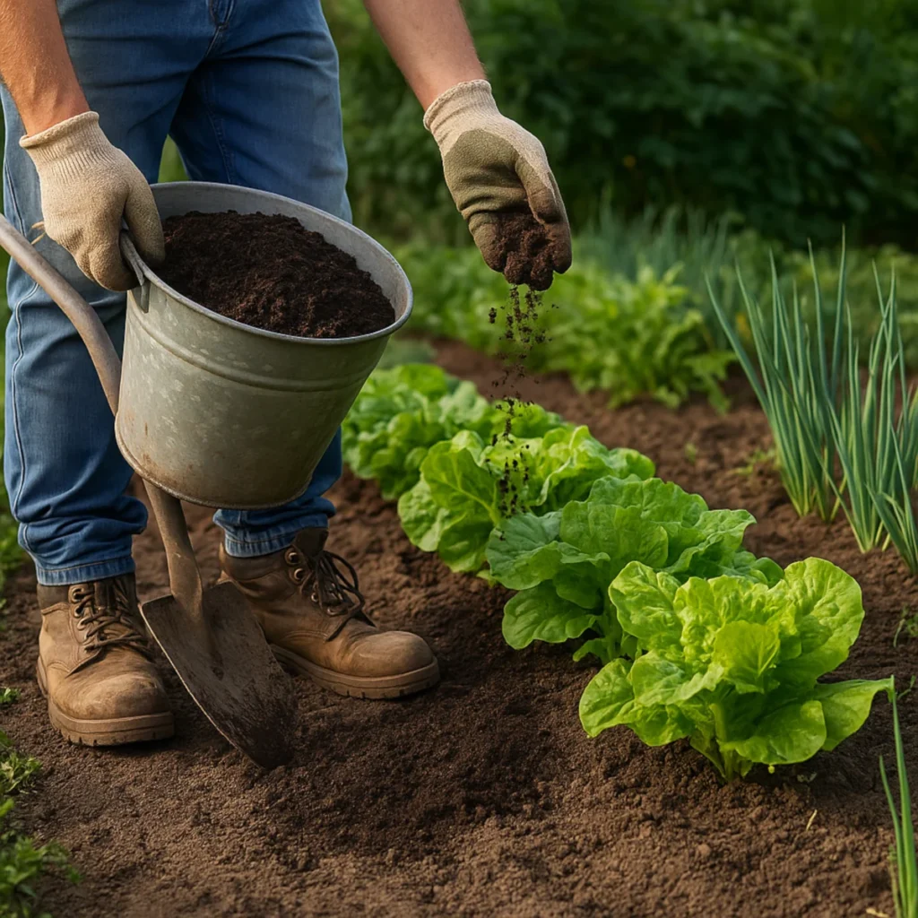 Ogrodnik w rękawicach rozsypuje kompost z wiadra na grządkę z sałatą i szczypiorem w przydomowym warzywniku