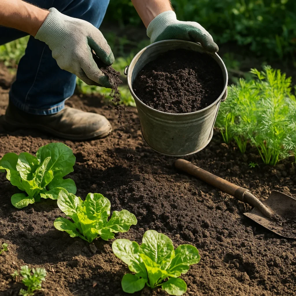 Ogrodnik rozsypuje dojrzały kompost z metalowego wiadra między sałaty w warzywniku w słoneczny dzień