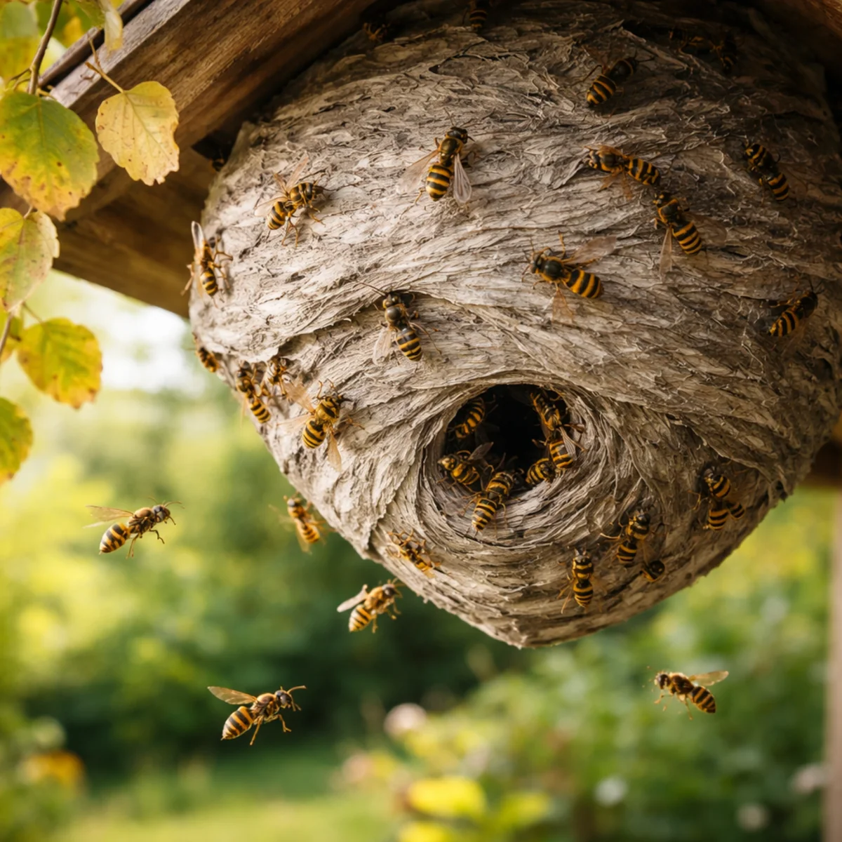 Aktywne gniazdo os pod drewnianym okapem z osami wlatującymi do środka