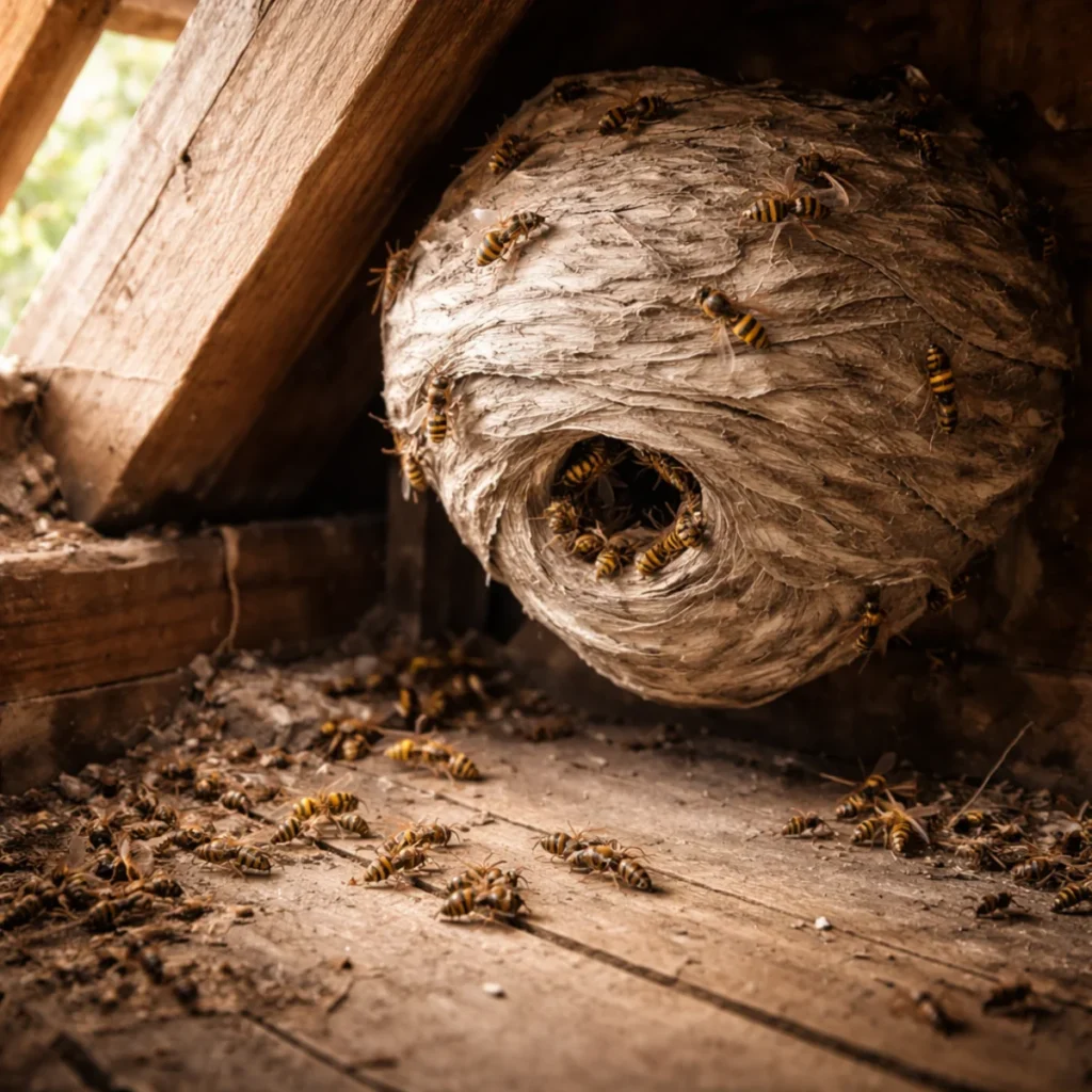 Gniazdo os na poddaszu w drewnianym zakamarku, mniej aktywne pod koniec sezonu
