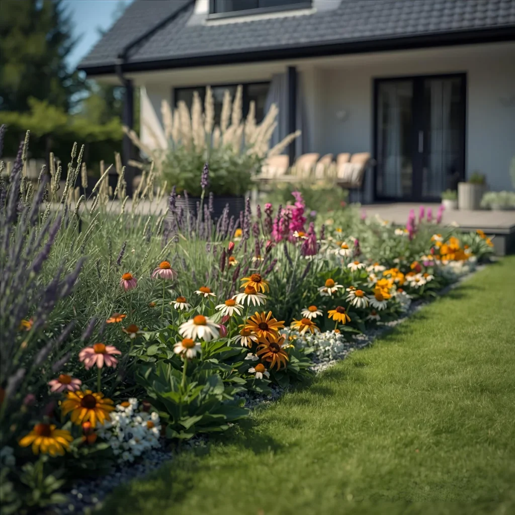 Kolorowe kwiaty w ogrodzie przy tarasie nowoczesnego domu, barwna rabata z jeżówkami, lawendą i trawami ozdobnymi w letnim słońcu.