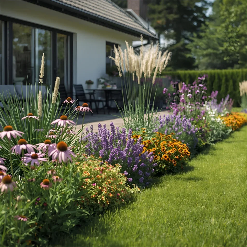 Długa rabata z kolorowymi kwiatami i trawami ozdobnymi przy tarasie nowoczesnego domu, otoczona zadbanym trawnikiem.