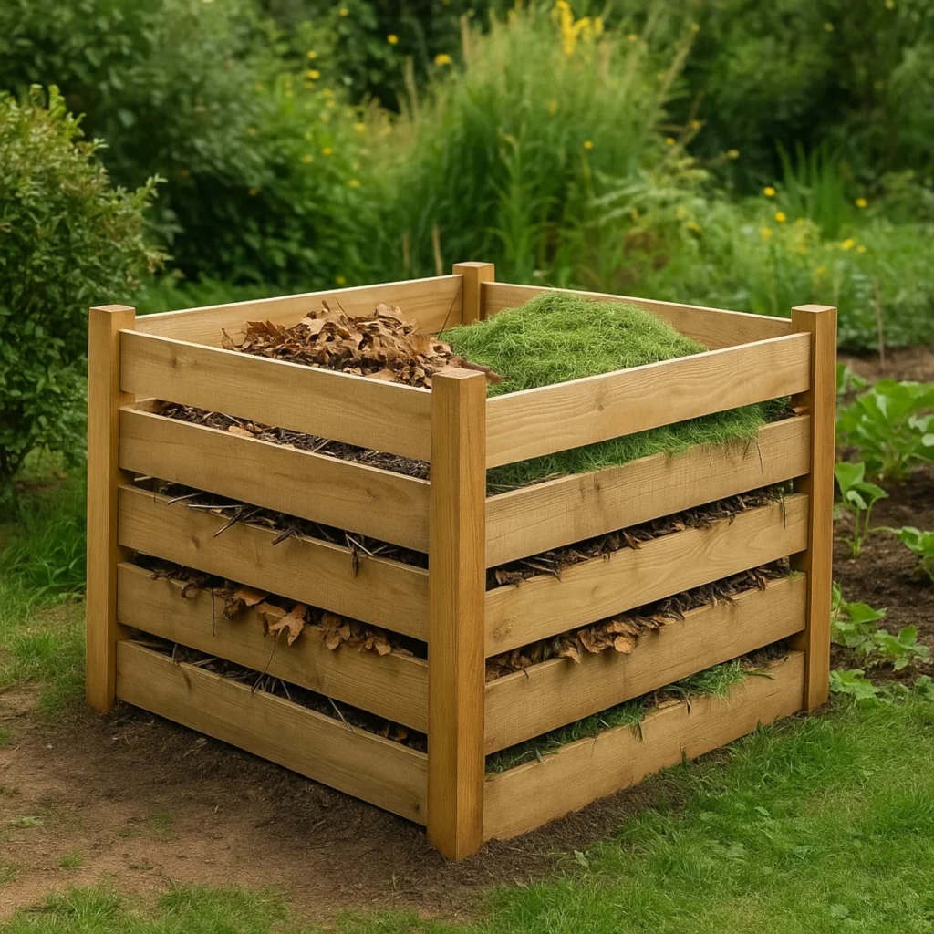 Drewniany kompostownik w ogrodzie przy warzywniku, wypełniony trawą i suchymi liśćmi