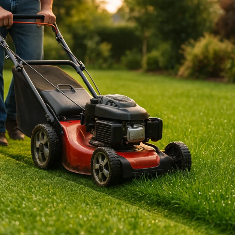 Kosiarka spalinowa z napędem podczas koszenia na trawniku, kosz 60–65 l i szerokość robocza ok. 51 cm