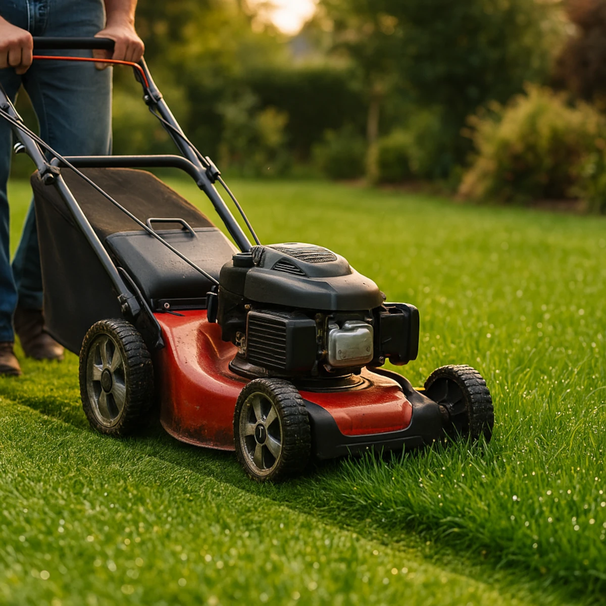 Kosiarka spalinowa z napędem podczas koszenia na trawniku, kosz 60–65 l i szerokość robocza ok. 51 cm
