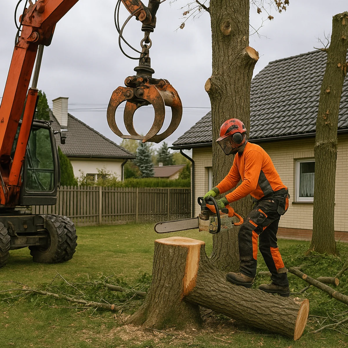 Koszty wycinki drzew na działce budowlanej – pracownik tnie pień pilarką, nad nim chwytak żurawia do przenoszenia drewna