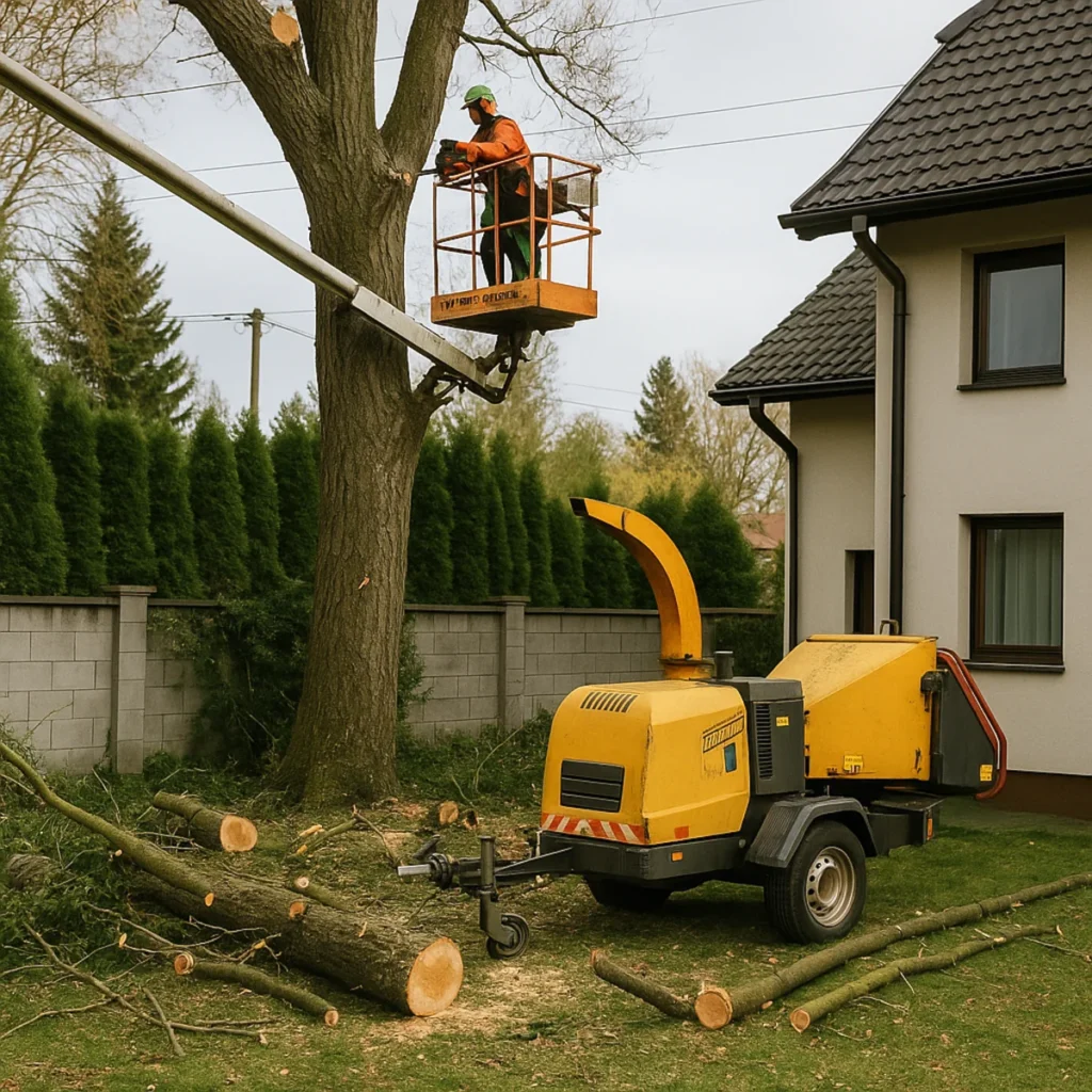 Koszty wycinki drzew na działce budowlanej – arborysta tnie drzewo z podnośnika, obok rębak i pocięte gałęzie