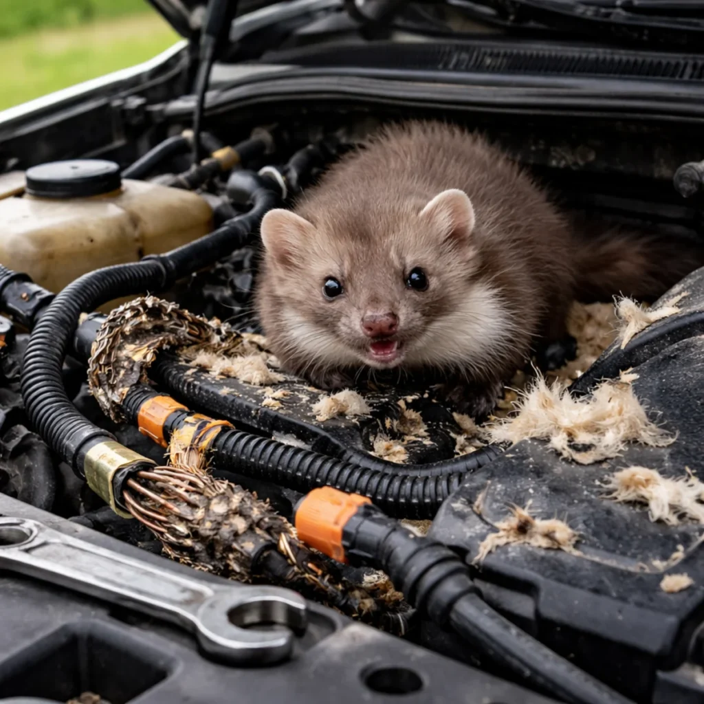 Kuna w komorze silnika auta i ślady gryzienia przewodów pod maską