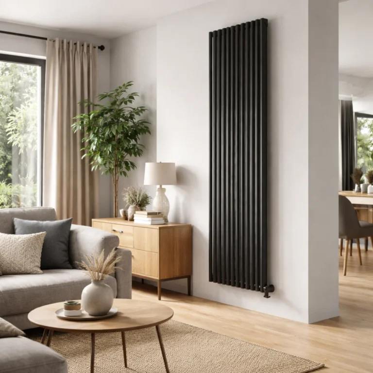 Czarny grzejnik dekoracyjny pionowy w nowoczesnym salonie z jasną sofą i drewnianą podłogą