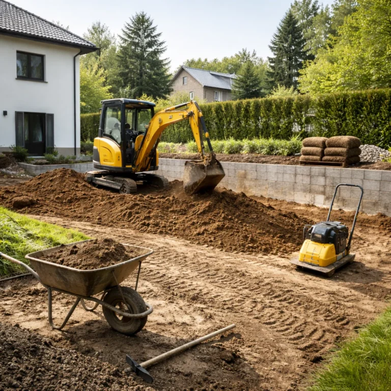 Podniesienie terenu działki ziemią – mini koparka, pryzmy gruntu i zagęszczanie na podwórku