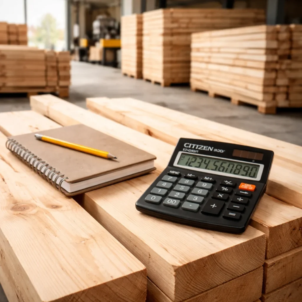 Jak obliczyć liczbę desek w metrze sześciennym – stos desek w tartaku, kalkulator i zamknięty notes do przeliczeń m³ na sztuki