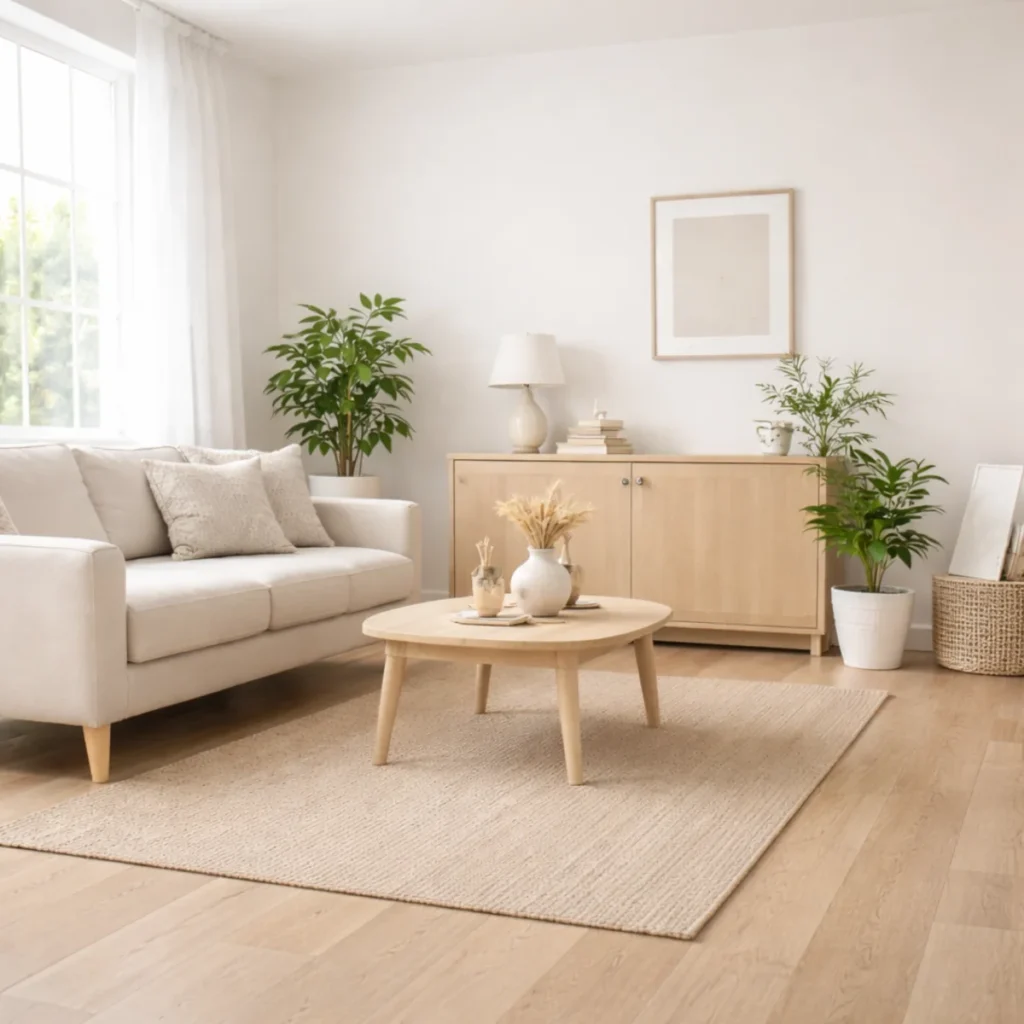 Gotowy umalowany pokój minimalistyczny – jasne ściany, proste meble i naturalne światło