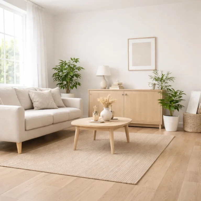 Gotowy umalowany pokój minimalistyczny – jasne ściany, proste meble i naturalne światło