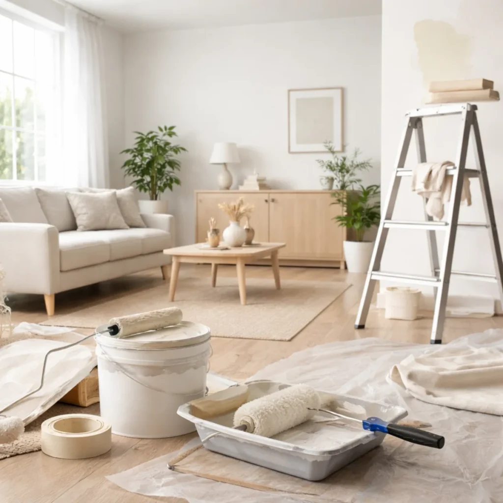 Malowanie pokoju w stylu minimalistycznym – salon w trakcie malowania na złamaną biel, wałek i kuweta na podłodze