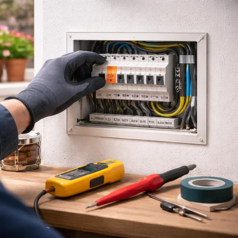 Mała skrzynka z bezpiecznikami w domu jednorodzinnym otwierana ostrożnie przy użyciu latarki w suchej strefie