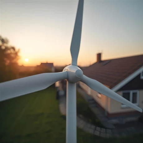 Mała turbina wiatrowa do domu – zbliżenie wirnika na tle domu o zachodzie słońca