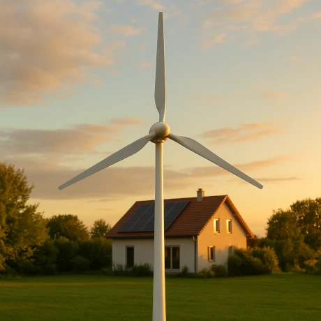 Mała turbina wiatrowa do domu z prostymi śmigłami w ogrodzie