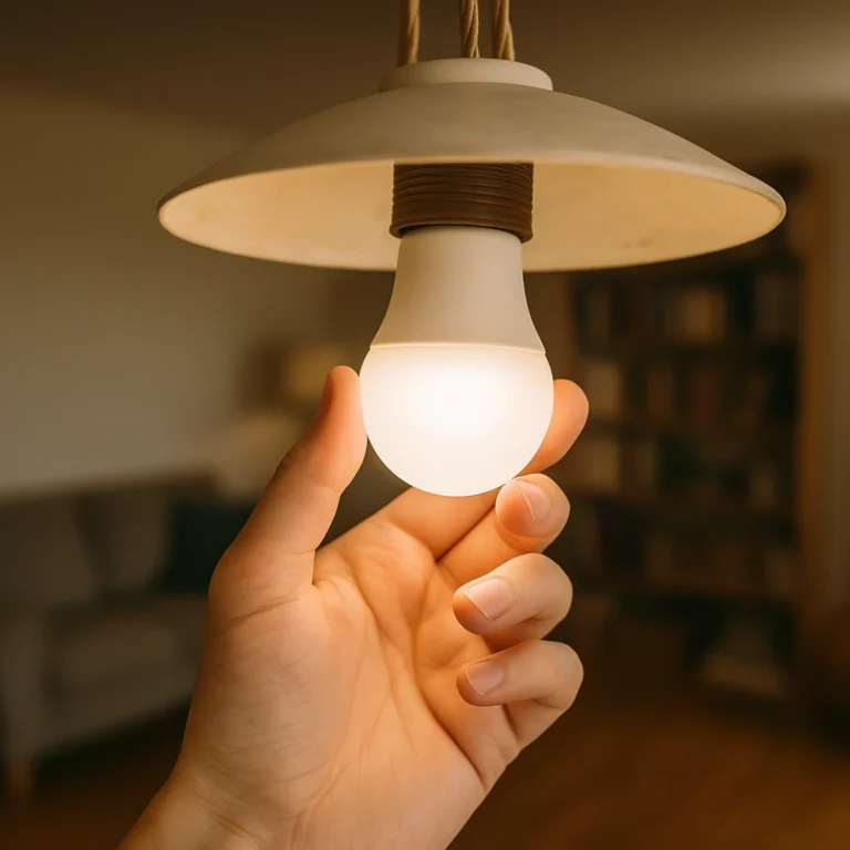 Migające światło w domu – ręka dokręca żarówkę LED w oprawie sufitowej w salonie