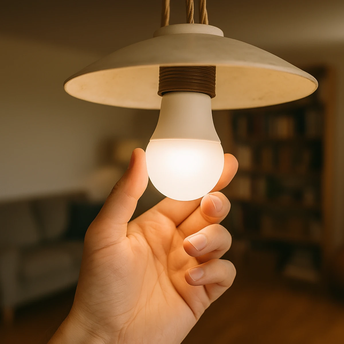 Migające światło w domu – ręka dokręca żarówkę LED w oprawie sufitowej w salonie