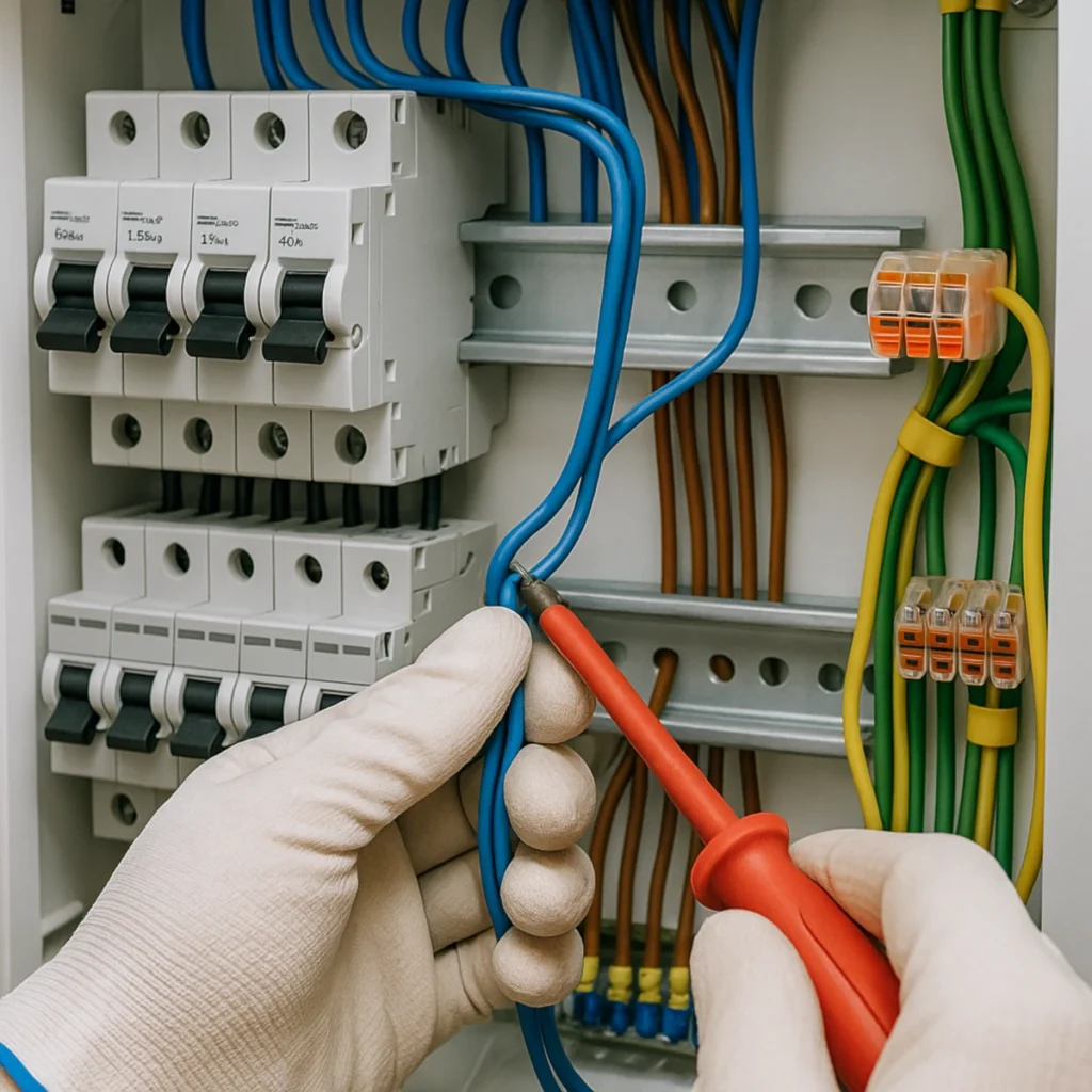 Migające światło w domu – elektryk dokręca przewód neutralny N w rozdzielnicy