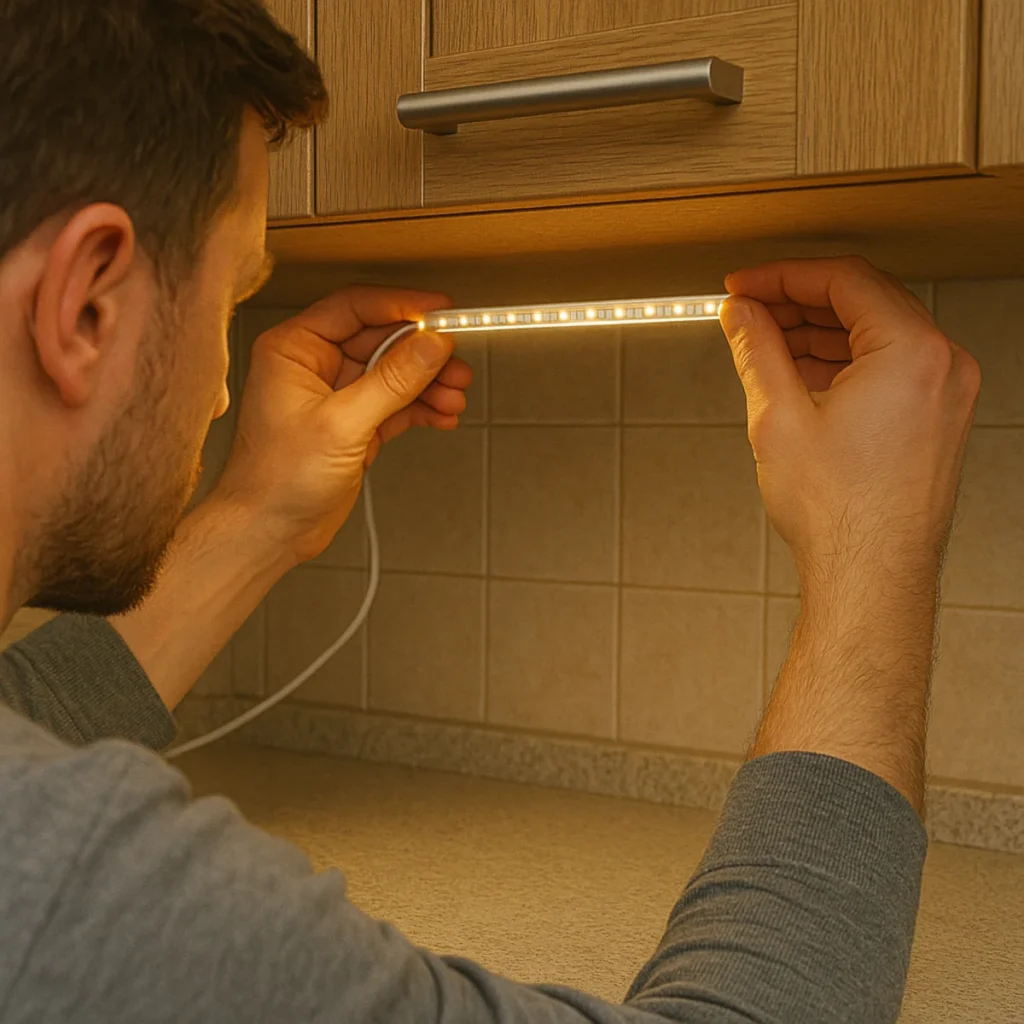Mężczyzna montuje oświetlenie podszafkowe LED pod szafką kuchenną
