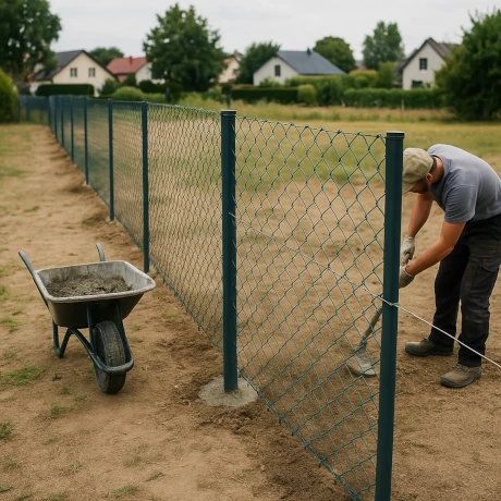 Montaż siatki plecionej na stalowych słupkach — najtańsze ogrodzenie działki, napięcie drutu i świeżo zabetonowane słupy