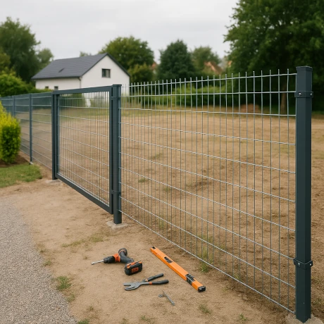 Panele kratowe light na stalowych słupkach przy wjeździe — najtańsze ogrodzenie działki w wersji estetycznej