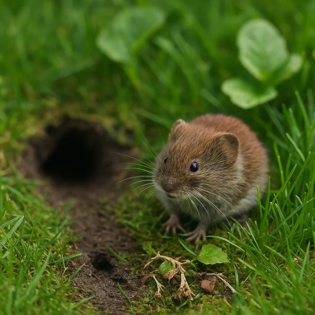 Nornice w ogrodzie – wejście do tunelu w trawniku i nornica przy świeżej ścieżce 3–5 cm.