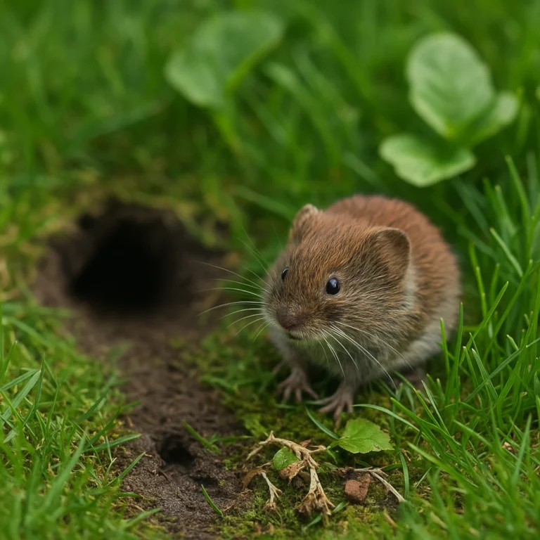 Nornice w ogrodzie – wejście do tunelu w trawniku i nornica przy świeżej ścieżce 3–5 cm.